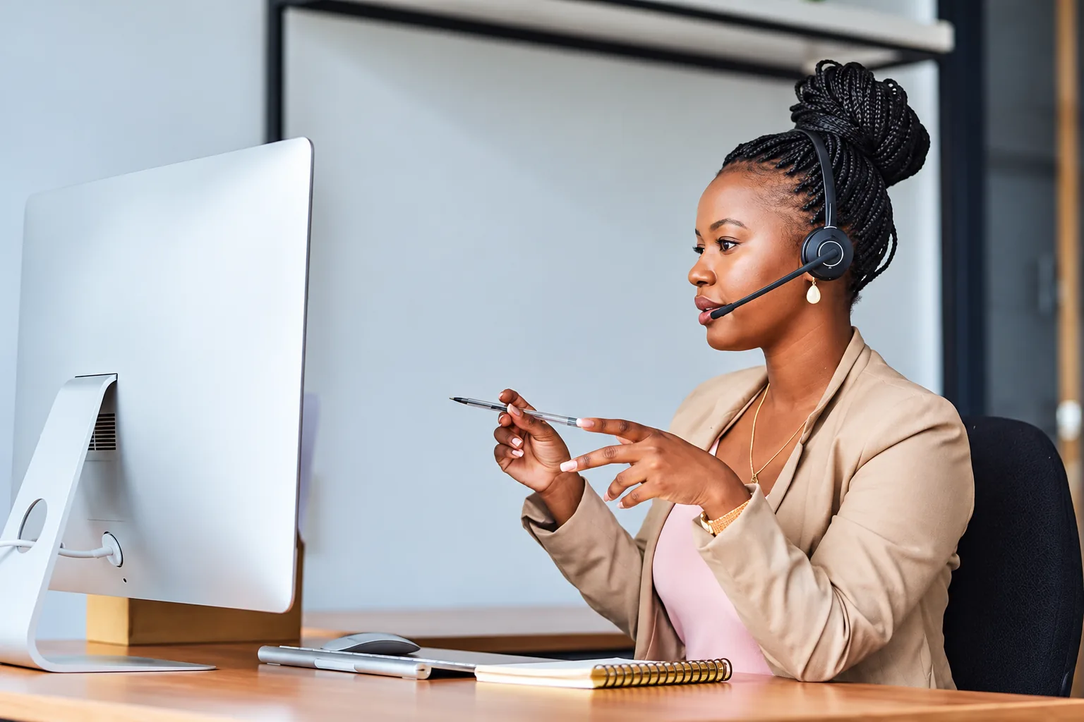 Professional handling a customer conversation at her desk
